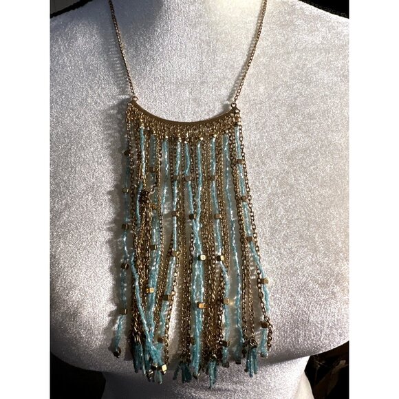 Boho Chic Fringe Bib Necklace Blue Gold Beads Gold Tone Chains Statement - Picture 1 of 9